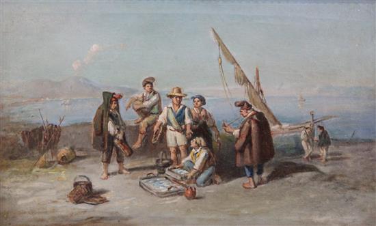 Late 19th century Neapolitan School Figures dancing and fisherfolk overlooking the Bay of Naples 9 x 15in.